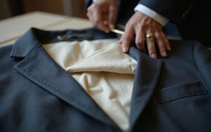 Full canvas suit construction showing chest piece and hand stitching