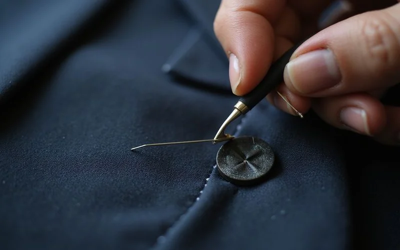 Hand sewn buttonhole in progress with needle and silk thread