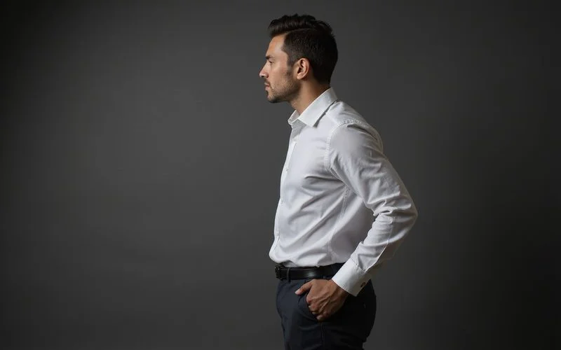 Side view of dress shirt showing proper body fit without billowing