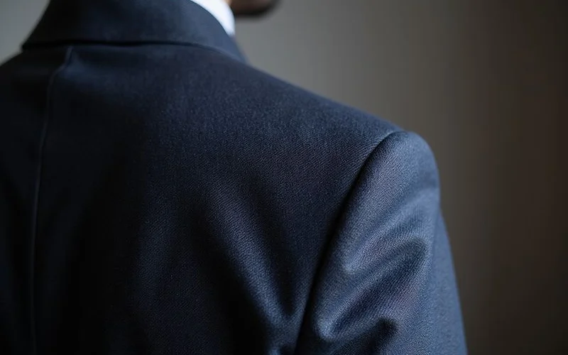 Suit jacket shoulder seam detail showing proper alignment