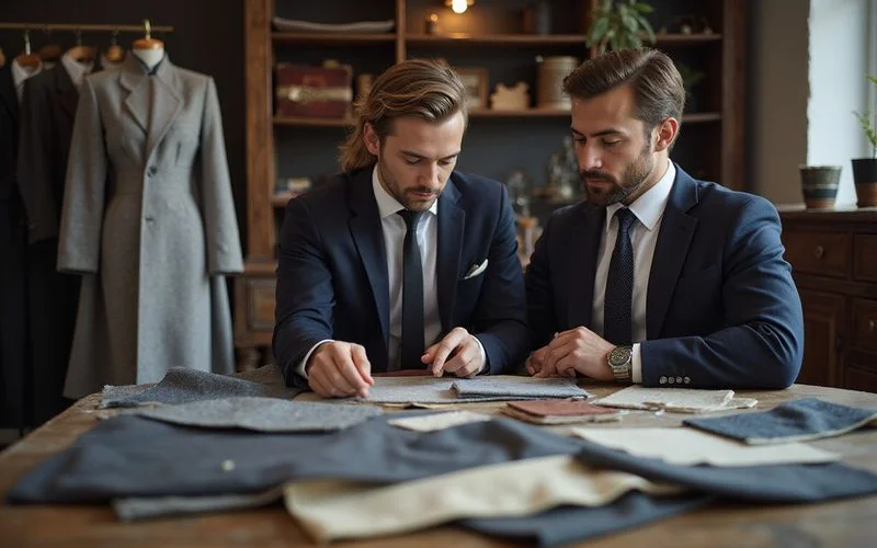 Tailor discussing fabric options with client over fabric swatches