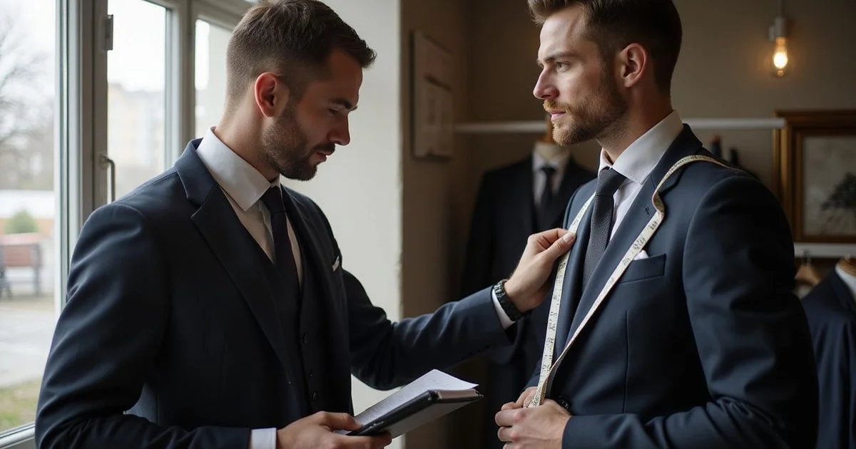 Client consultation for first bespoke suit fitting