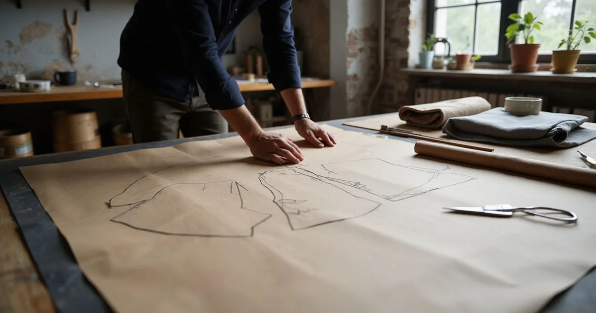 Bespoke paper pattern being drafted by tailor