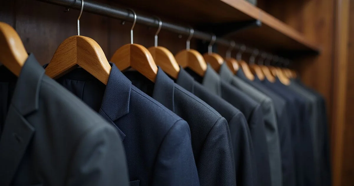 Properly stored bespoke suits on quality hangers