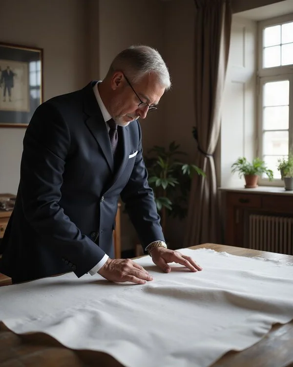 Master tailor at the cutting table in the Petaling Jaya atelier