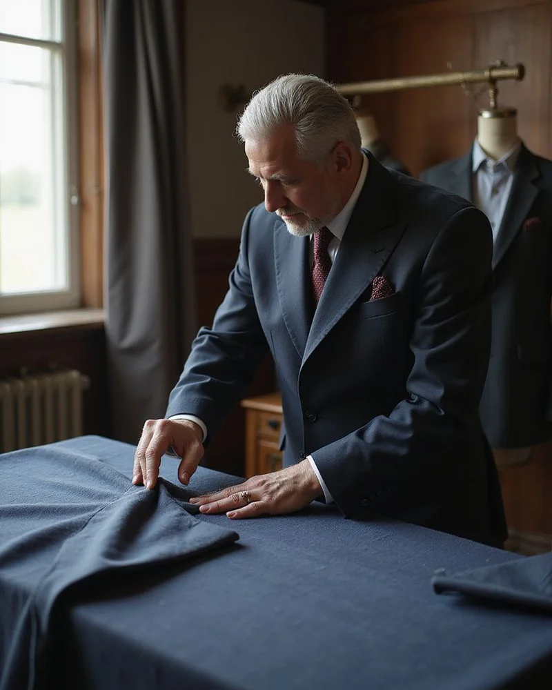 Master tailor in Petaling Jaya atelier measuring a bespoke jacket